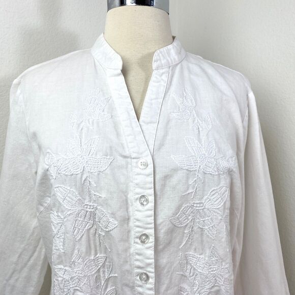 Tweed White Linen Blouse XL Embroidery Button Front Boho Peasant Career Preppy - Picture 2 of 11